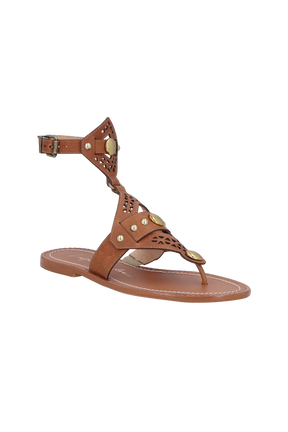 RASTEIRA GLADIADORA EM COURO CARAMELO COM TIRAS LASER E APLIQUES DOURADOS