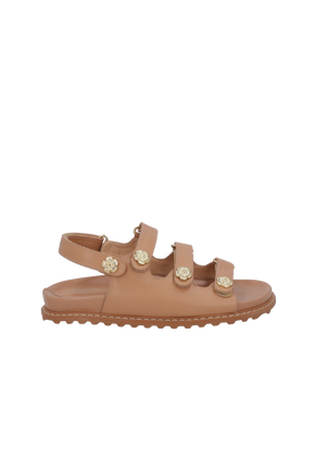 SANDÁLIA PAPETE EM COURO BEGE BLUSH COM BROCHES DE FLOR DOURADOS