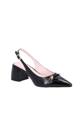 SCARPIN SLINGBACK  DE SALTO BLOCO MÉDIO PRETO EM VERINZ COM BRIDÃO