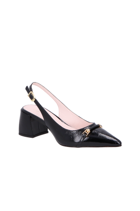 SCARPIN SLINGBACK  DE SALTO BLOCO MÉDIO PRETO EM VERINZ COM BRIDÃO