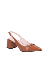 SCARPIN SLINGBACK  DE SALTO BLOCO MÉDIO CARAMELO EM VERINZ COM BRIDÃO