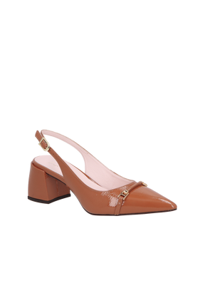 SCARPIN SLINGBACK  DE SALTO BLOCO MÉDIO CARAMELO EM VERINZ COM BRIDÃO