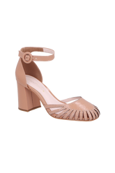 SAPATO D'ORSAY EM VERNIZ BLUSH COM DETALHE VAZADO E SALTO BLOCO