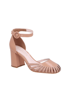 SAPATO D'ORSAY EM VERNIZ BLUSH COM DETALHE VAZADO E SALTO BLOCO