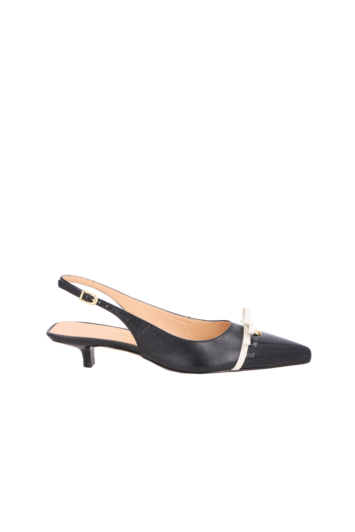 SCARPIN SLINGBACK EM COURO PRETO COM LAÇO OFF WHITE E SALTO BAIXO