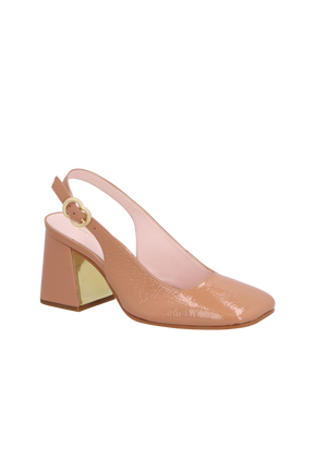 SAPATO MARY JANE EM VERNIZ BEGE BLUSH DE SALTO ALTO COM FERRAGEM EQUESTRE