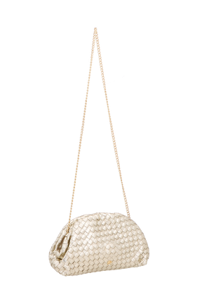 BOLSA TRANSVERSAL PEQUENA METALIZADA OURO MATELASSÊ E SÍMBOLO CALIANDRA