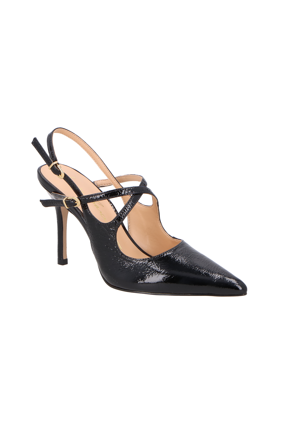 SCARPIN SLINGBACK EM VERNIZ PRETO COM SALTO FINO