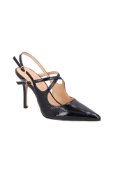 SCARPIN SLINGBACK EM VERNIZ PRETO COM SALTO FINO