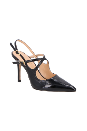 SCARPIN SLINGBACK EM VERNIZ PRETO COM SALTO FINO