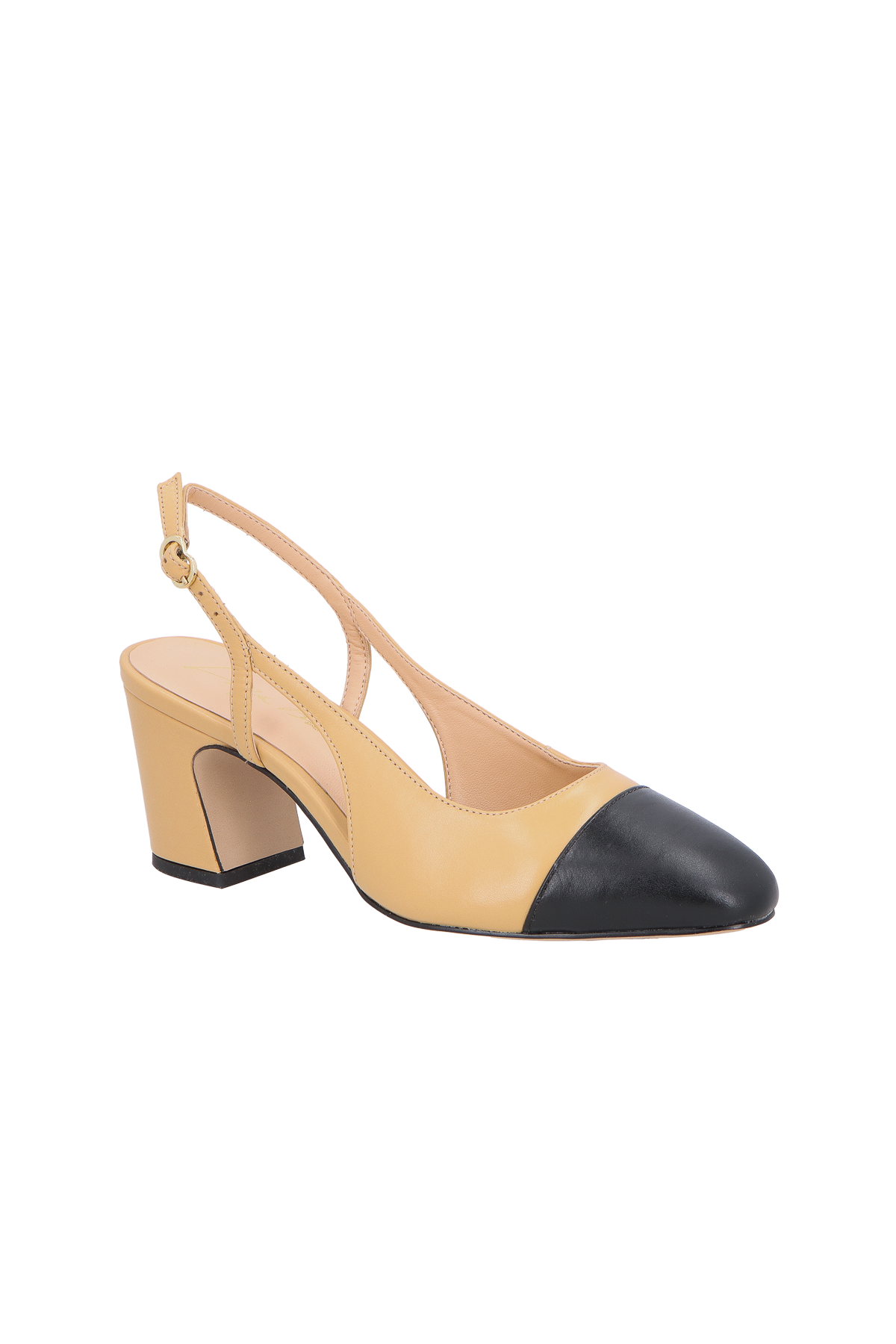 SAPATO SLINGBACK EM COURO AREIA COM BICO PRETO E SALTO MÉDIO BLOCO