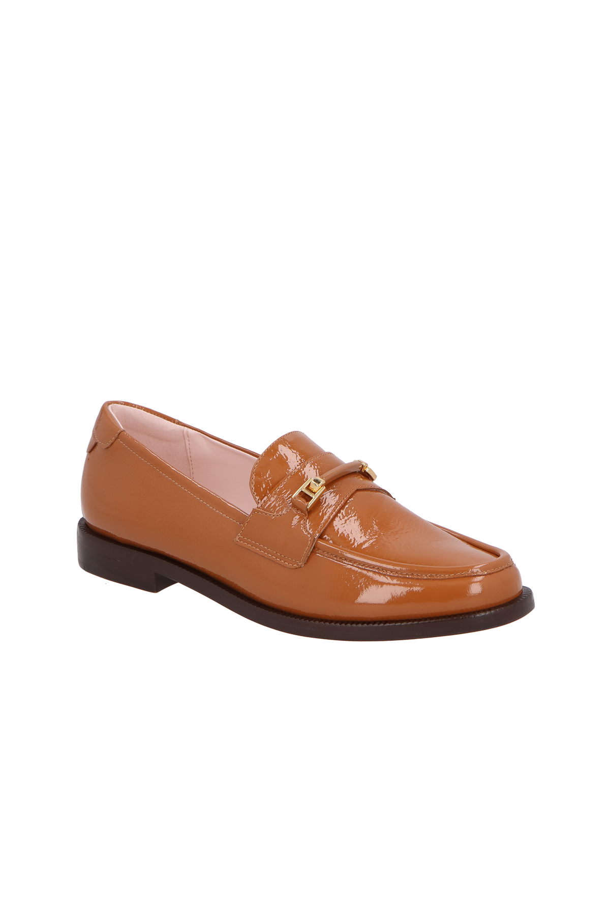MOCASSIM EM VERNIZ CARAMELO COM BRIDÃO DOURADO