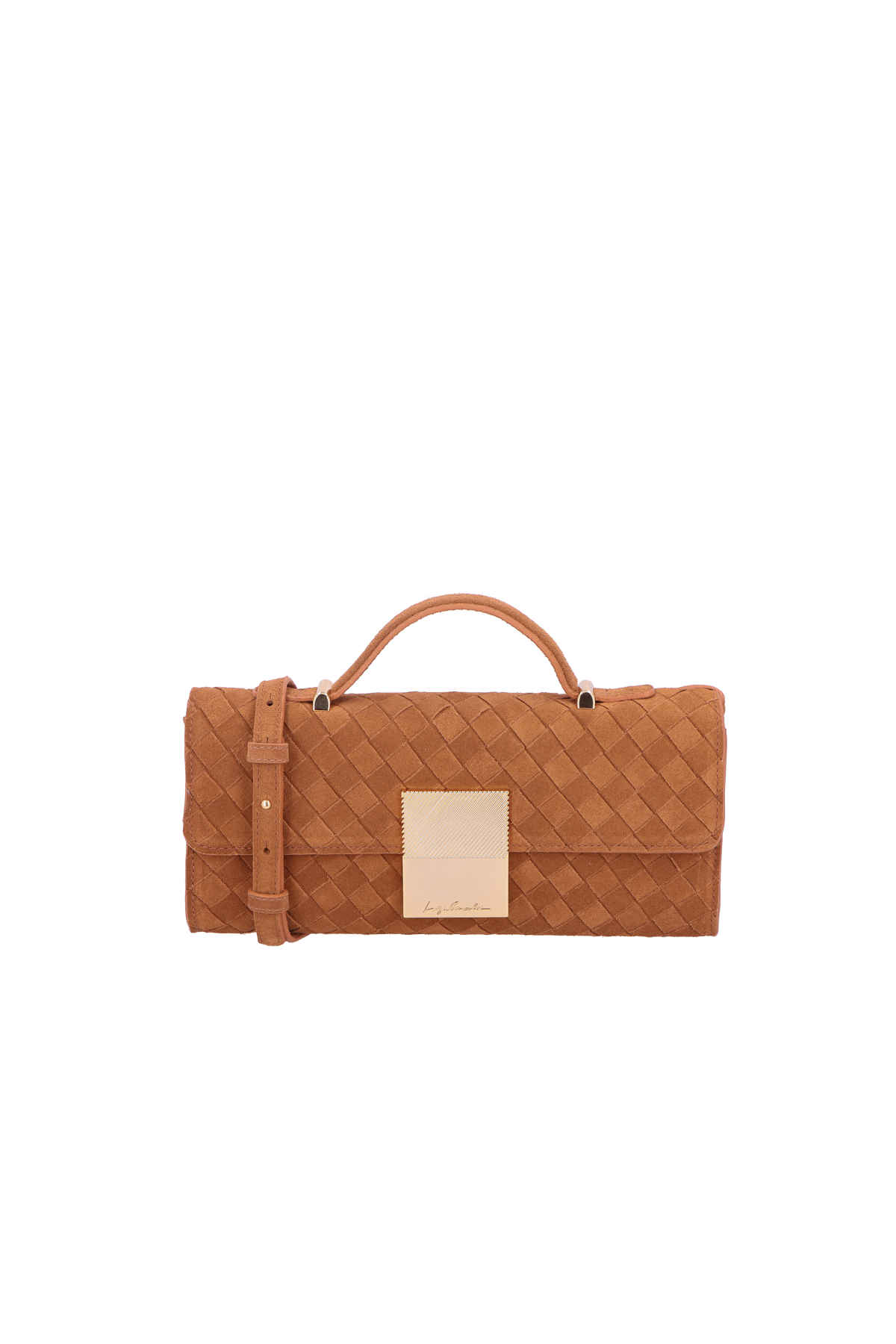 BOLSA COM FECHAMENTO DE PLACA LB EM CAMURÇA TRESSÊ CARAMELO MÉDIA