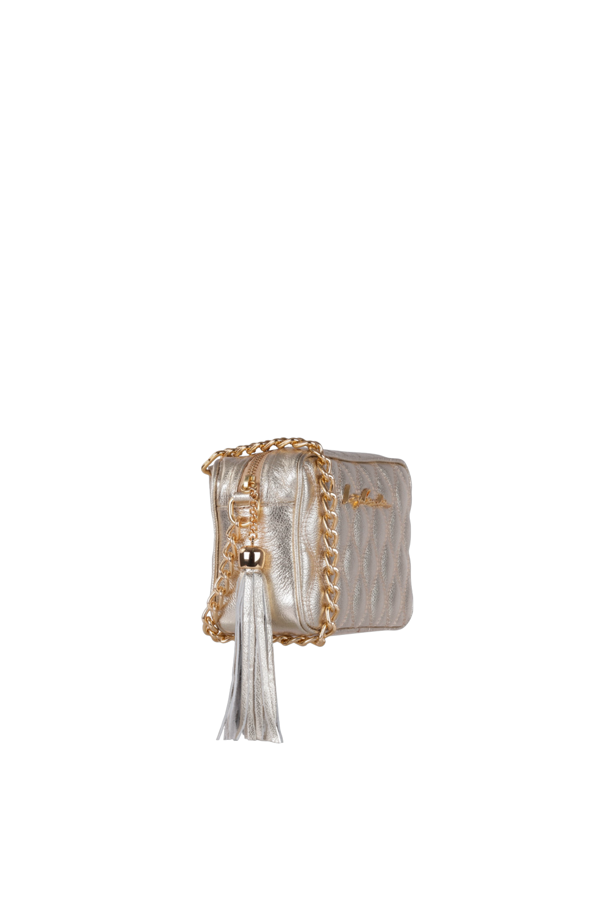 BOLSA CLÁSSICA EM COURO DOURADO E ALÇA DE CORRENTES PEQUENA