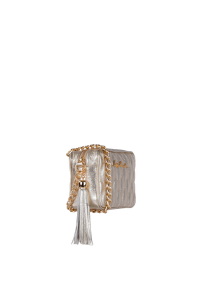 BOLSA CLÁSSICA EM COURO DOURADO E ALÇA DE CORRENTES PEQUENA