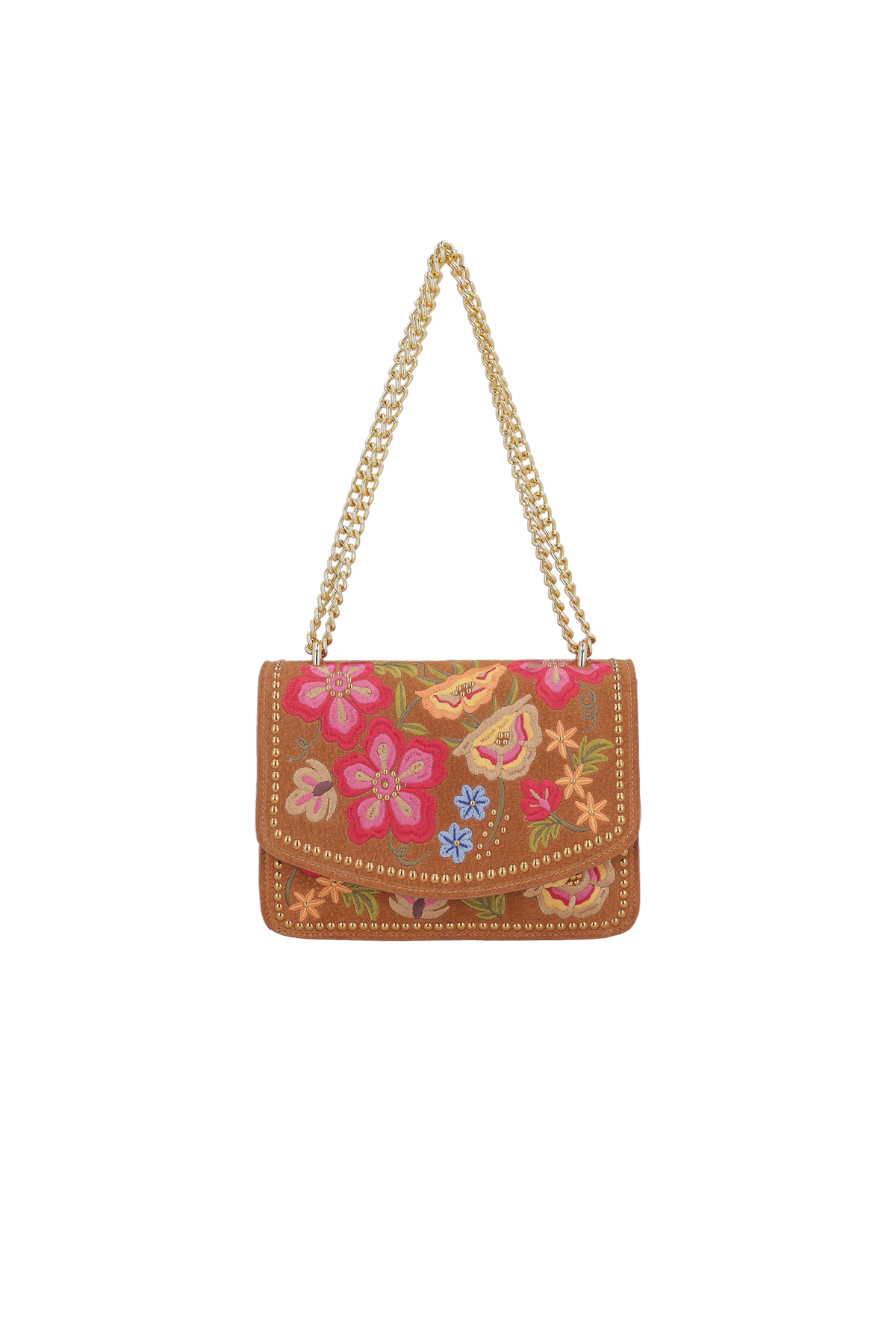 BOLSA BORDADA DE FLORES EM CAMURÇA CARAMELO COM ALÇA DE CORRENTES PEQUENA