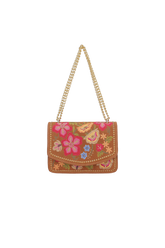 BOLSA BORDADA DE FLORES EM CAMURÇA CARAMELO COM ALÇA DE CORRENTES PEQUENA