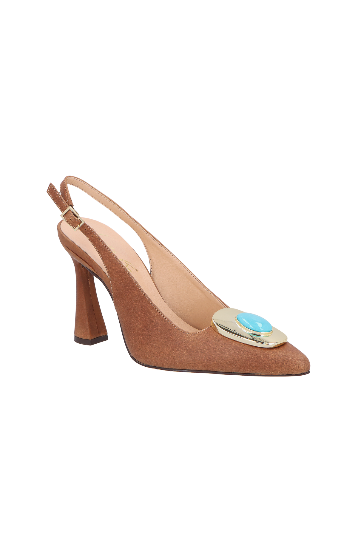 SCARPIN SLINGBACK EM COURO CARAMELO COM APLIQUE METÁLICO E SALTO FLARE