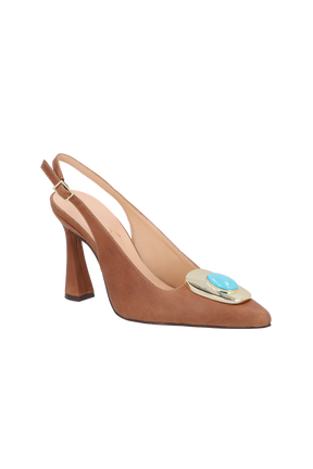 SCARPIN SLINGBACK EM COURO CARAMELO COM APLIQUE METÁLICO E SALTO FLARE