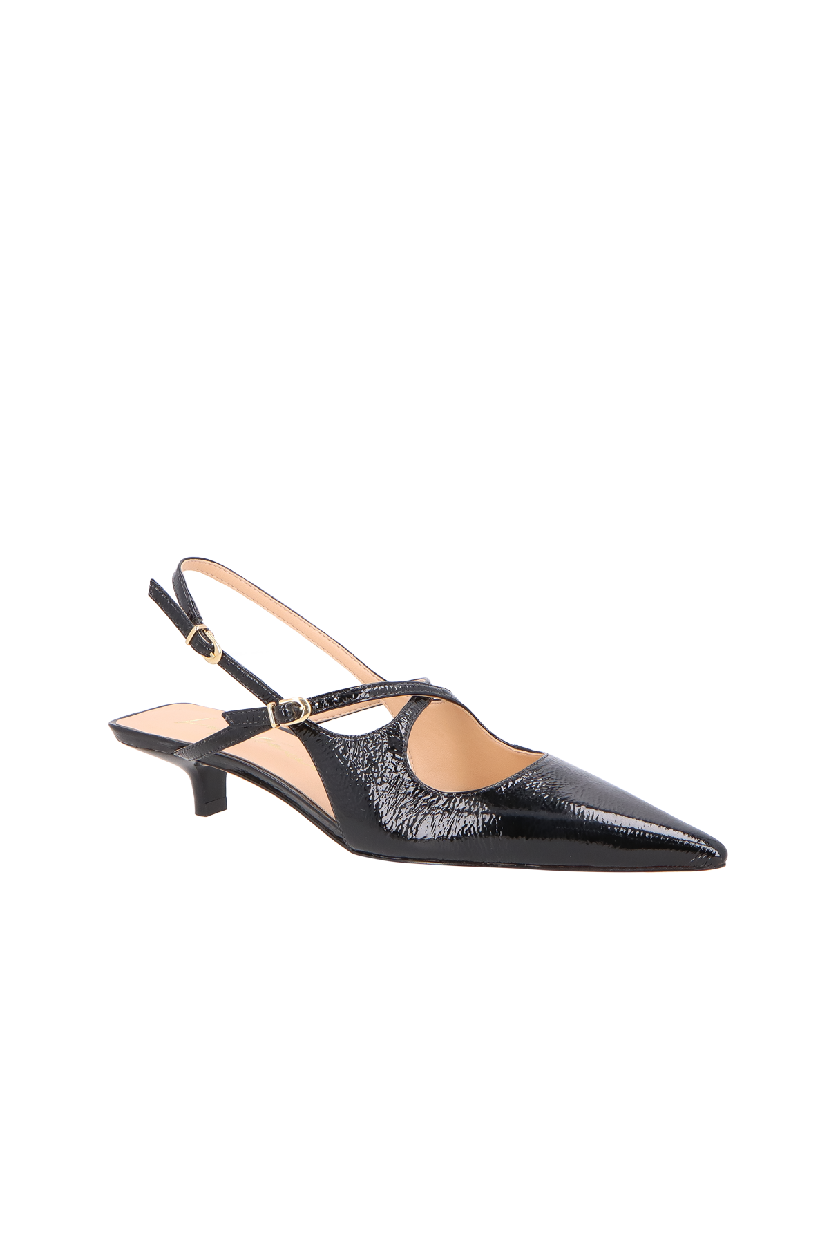 SCARPIN SLINGBACK EM VERNIZ PRETO COM SALTO BAIXO E TIRA CENTRAL