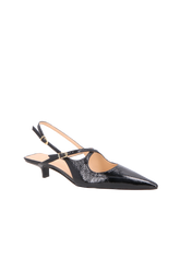 SCARPIN SLINGBACK EM VERNIZ PRETO COM SALTO BAIXO E TIRA CENTRAL