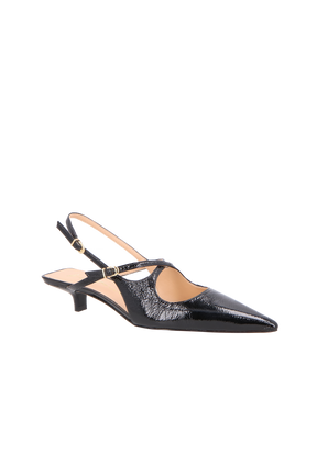 SCARPIN SLINGBACK EM VERNIZ PRETO COM SALTO BAIXO E TIRA CENTRAL