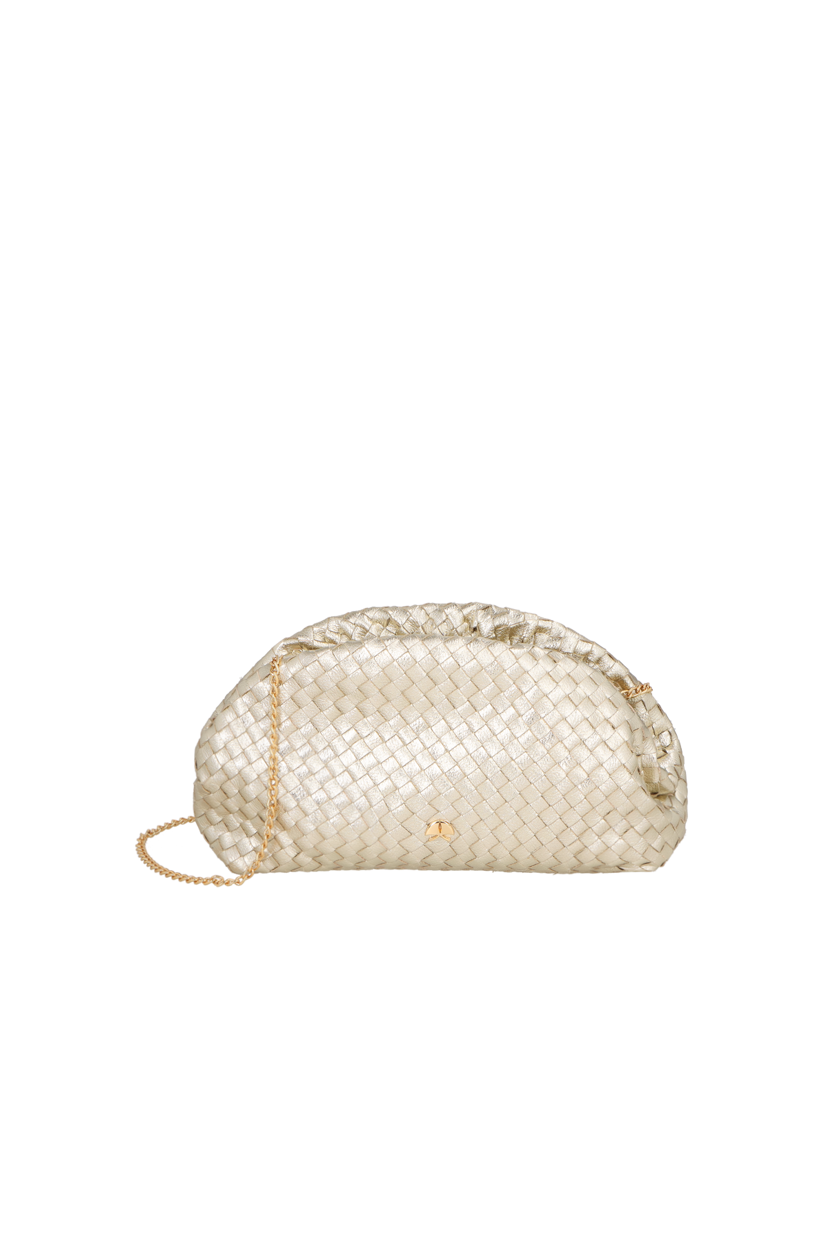 BOLSA TRANSVERSAL PEQUENA METALIZADA OURO MATELASSÊ E SÍMBOLO CALIANDRA