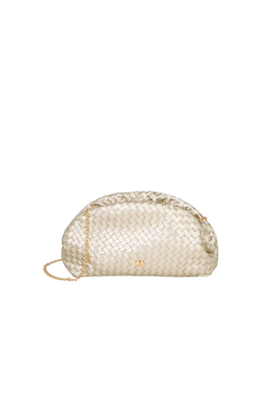 BOLSA TRANSVERSAL PEQUENA METALIZADA OURO MATELASSÊ E SÍMBOLO CALIANDRA