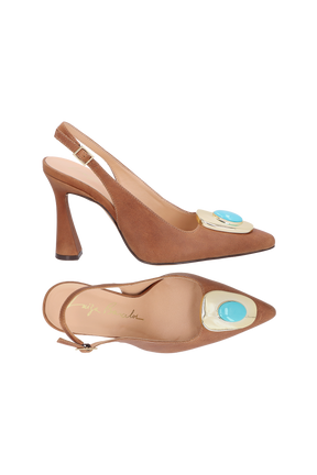 SCARPIN SLINGBACK EM COURO CARAMELO COM APLIQUE METÁLICO E SALTO FLARE