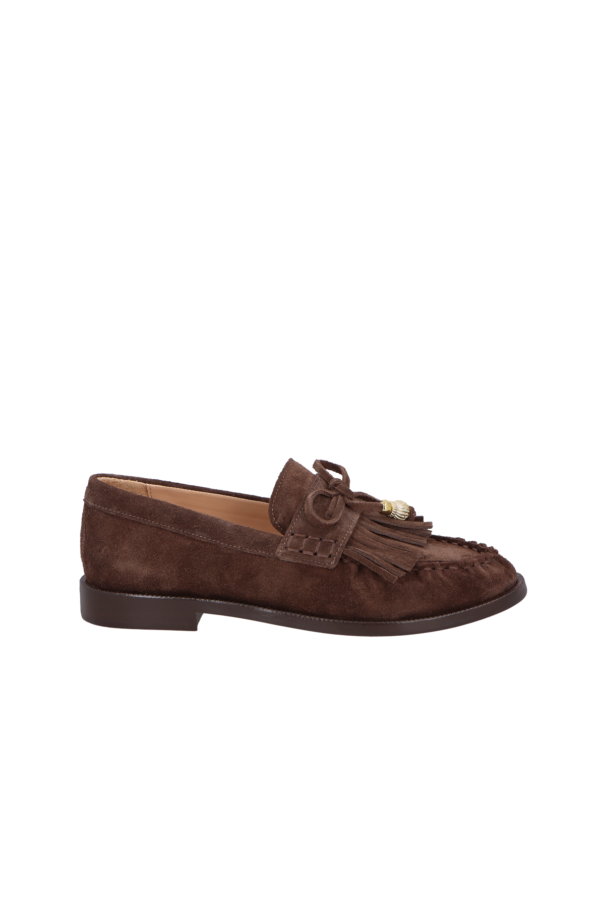 MOCASSIM LOAFER EM CAMURÇA CAFÉ COM FRANJAS E ENFEITES DOURADOS