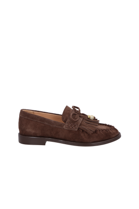 MOCASSIM LOAFER EM CAMURÇA CAFÉ COM FRANJAS E ENFEITES DOURADOS