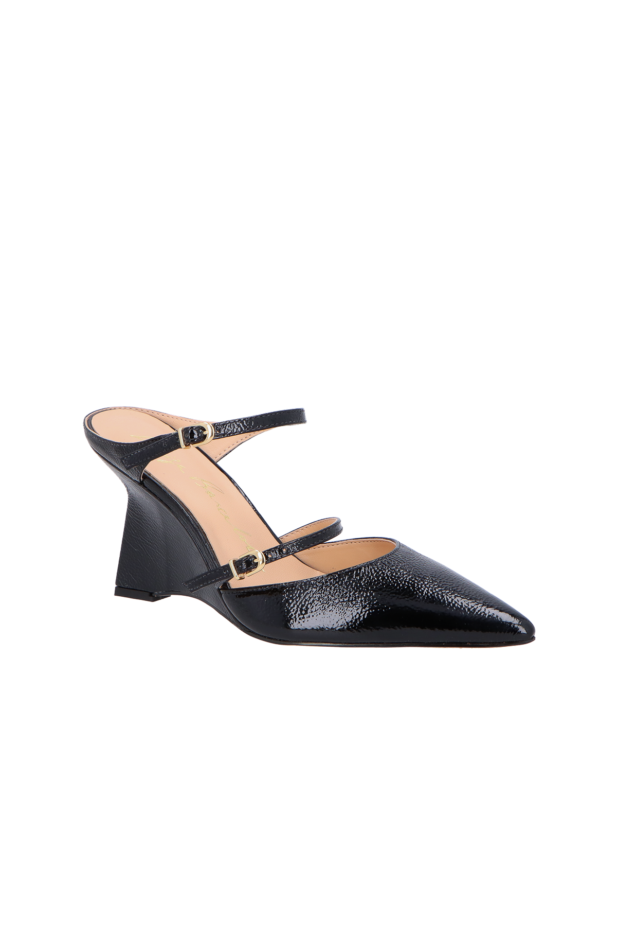 SCARPIN MULE EM VERNIZ PRETO SALTO ANABELA E DUAS TIRAS FINAS