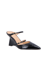 SCARPIN MULE EM VERNIZ PRETO SALTO ANABELA E DUAS TIRAS FINAS