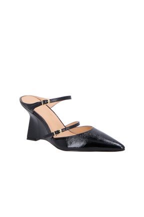 SCARPIN MULE EM VERNIZ PRETO SALTO ANABELA E DUAS TIRAS FINAS