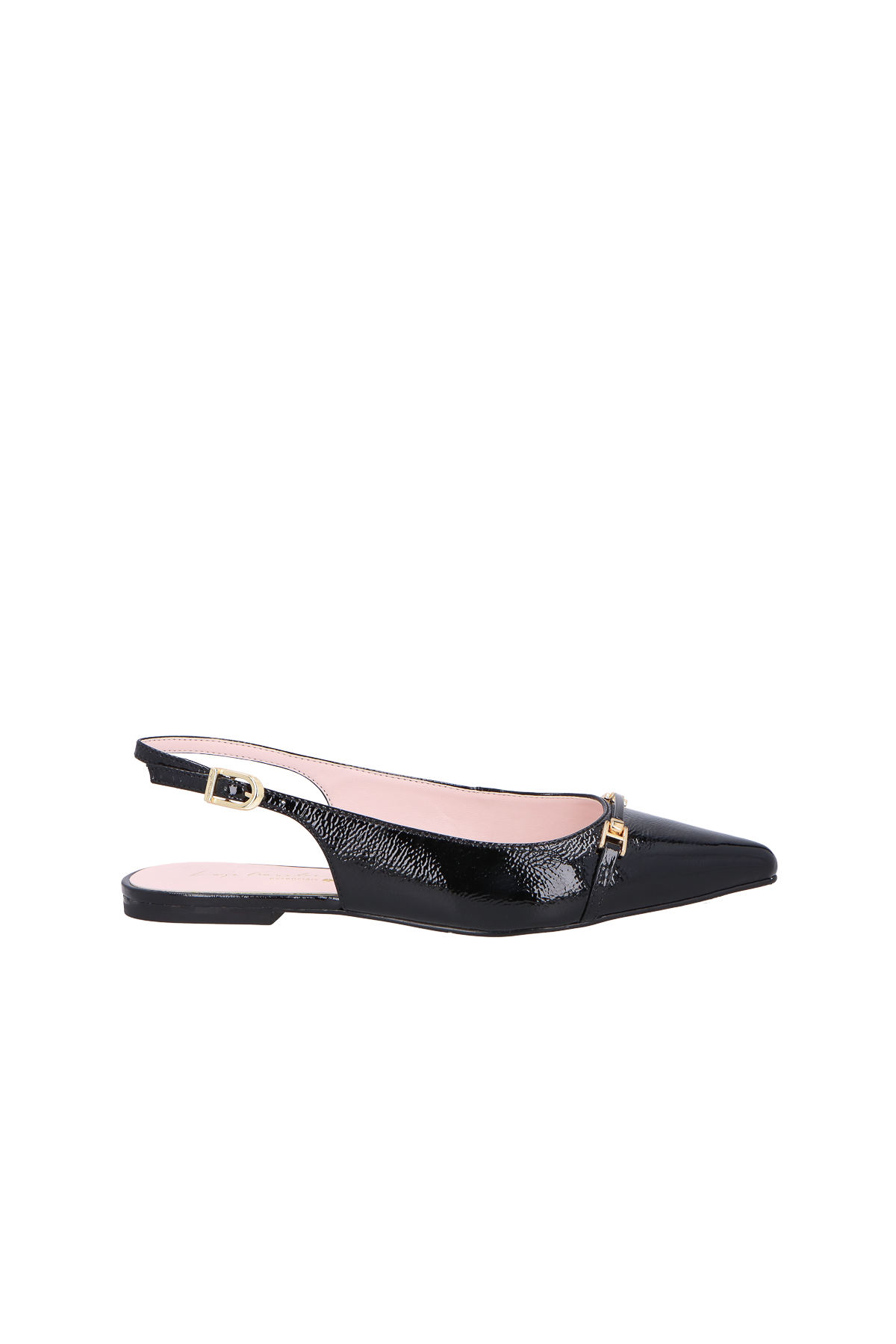 SAPATILHA SLINGBACK BICO FINO EM VERNIZ PRETO COM BRIDÃO