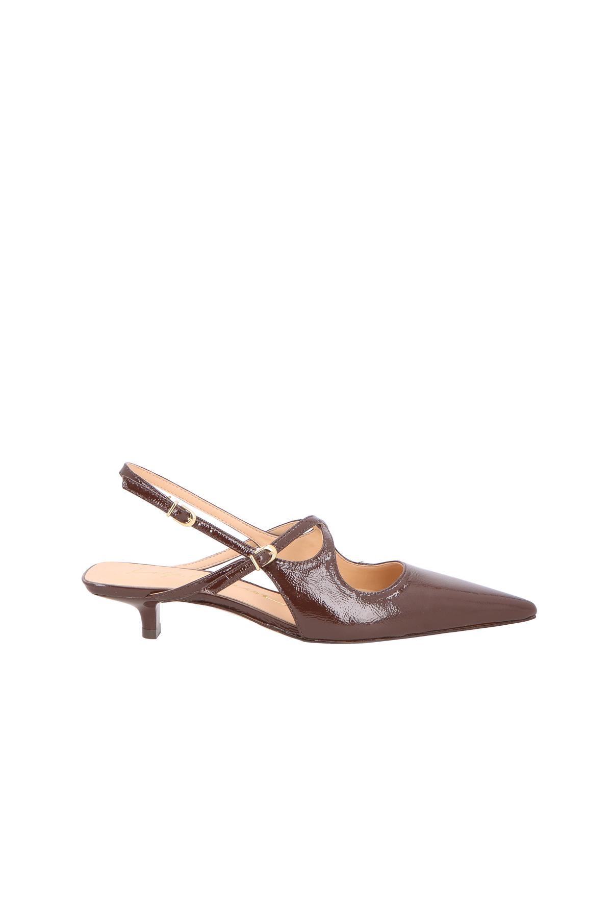 SCARPIN SLINGBACK EM VERNIZ CAFÉ COM SALTO BAIXO E TIRA CENTRAL