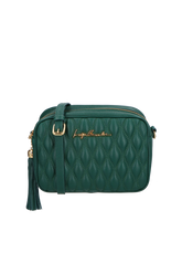 BOLSA MÉDIA EM COURO ESMERALDA COM MATELASSÊ E PINGENTE