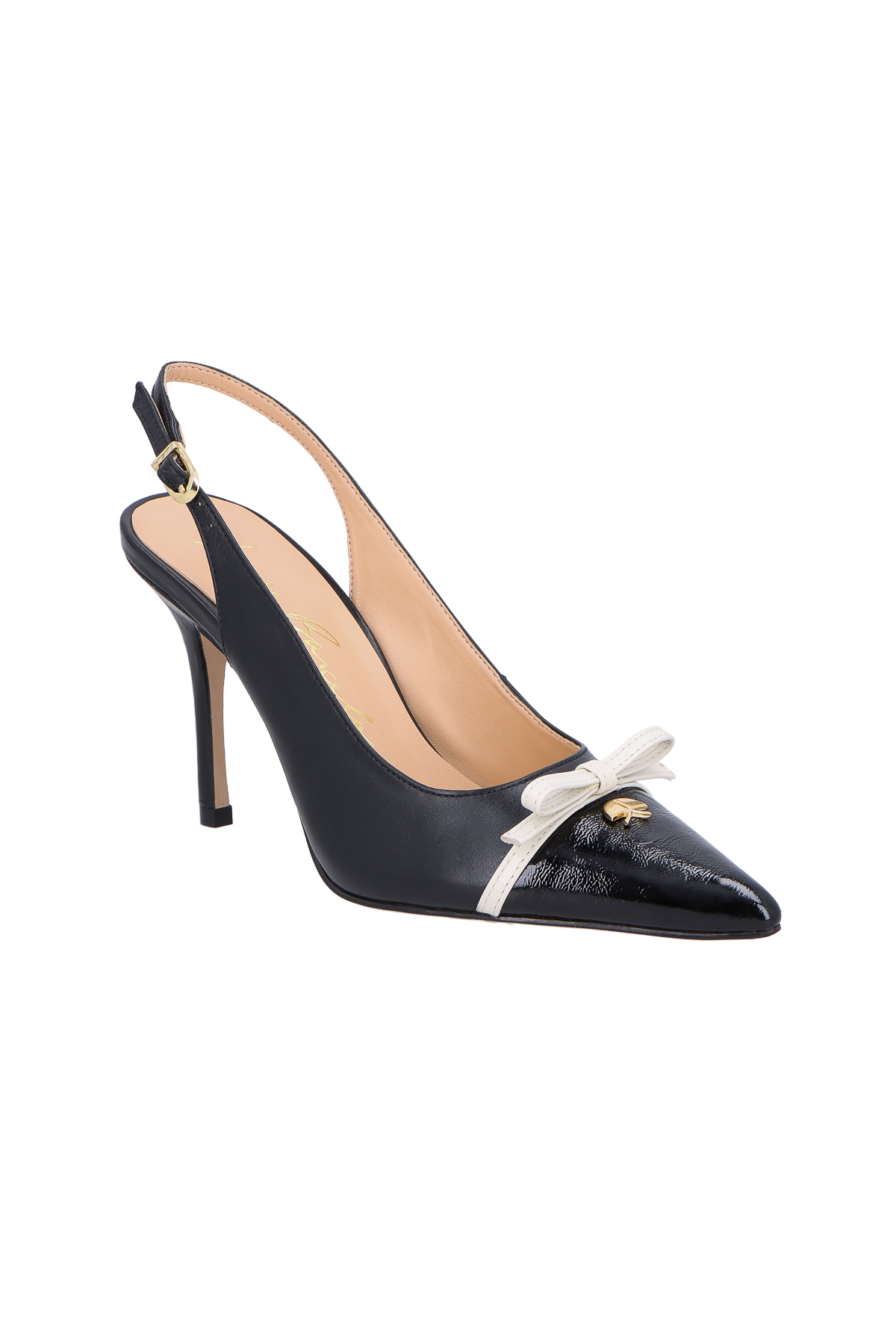SCARPIN SLINGBACK EM COURO PRETO E LAÇO