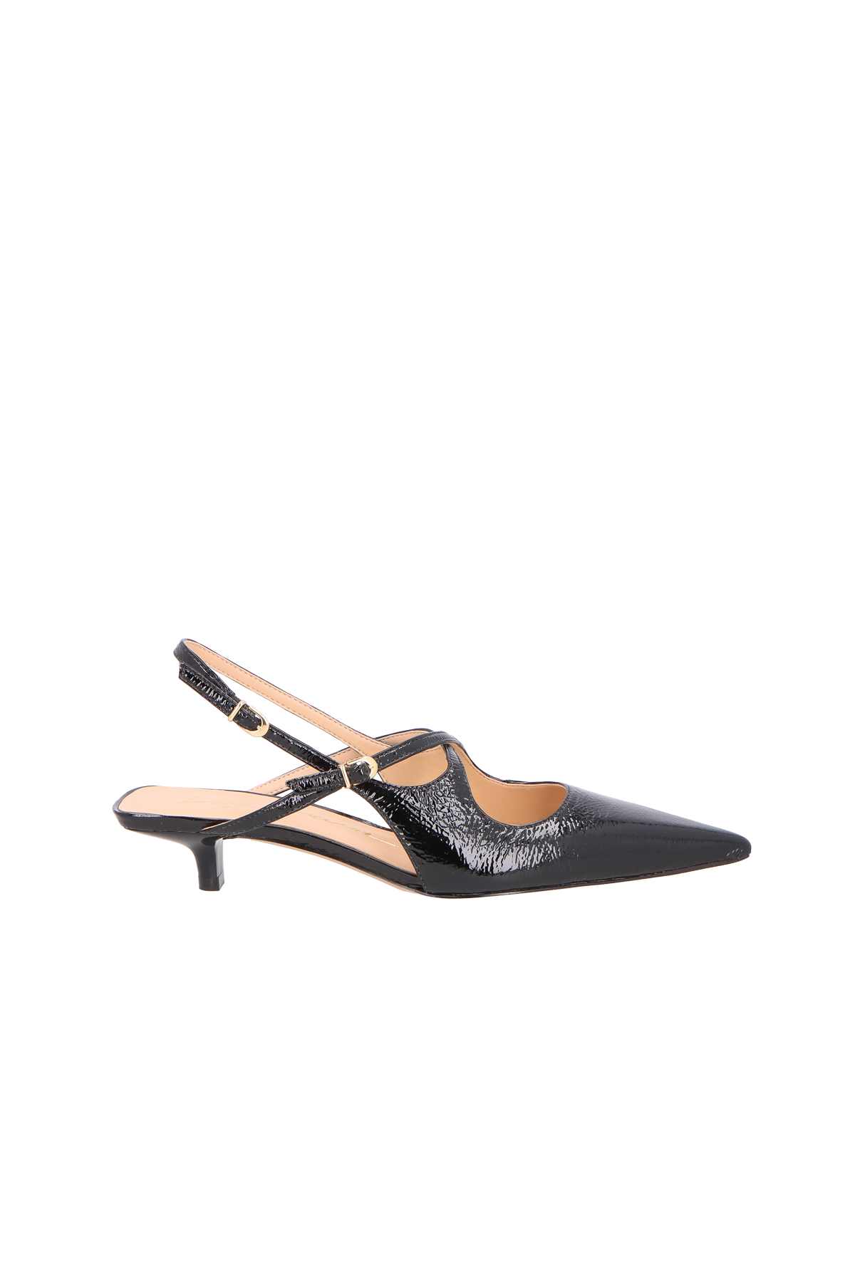 SCARPIN SLINGBACK EM VERNIZ PRETO COM SALTO BAIXO E TIRA CENTRAL