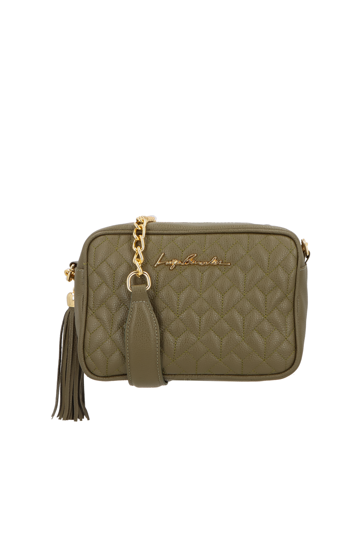 BOLSA MÉDIA EM COURO VERDE TOMILHO COM CORRENTE OURO