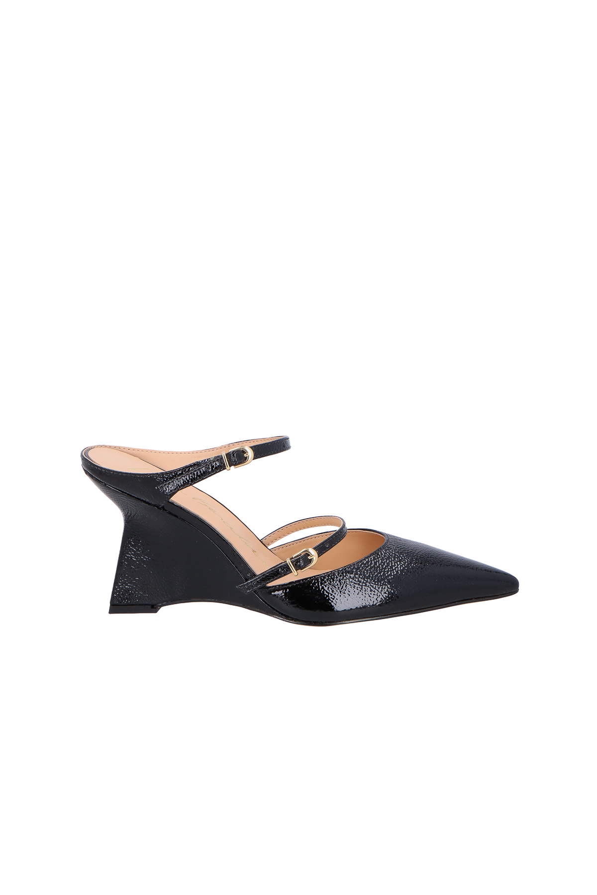SCARPIN MULE EM VERNIZ PRETO SALTO ANABELA E DUAS TIRAS FINAS