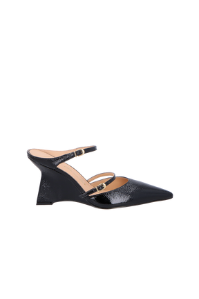 SCARPIN MULE EM VERNIZ PRETO SALTO ANABELA E DUAS TIRAS FINAS