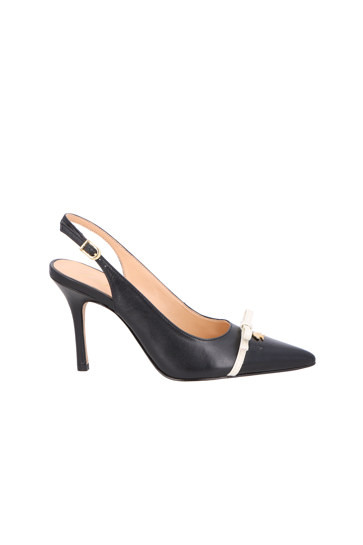 SCARPIN SLINGBACK EM COURO PRETO E LAÇO