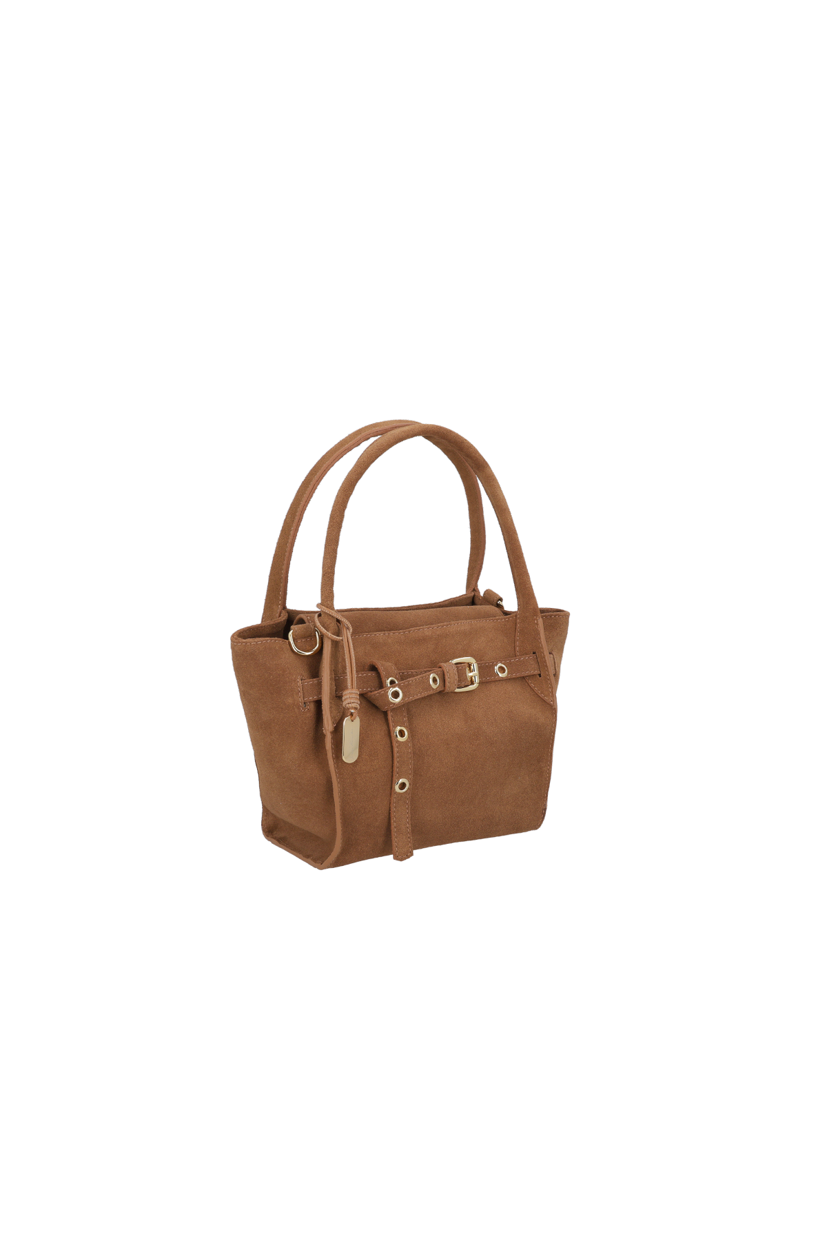 BOLSA PEQUENA EM CAMURÇA MARROM CARAMELO COM FIVELA