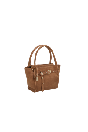BOLSA PEQUENA EM CAMURÇA MARROM CARAMELO COM FIVELA