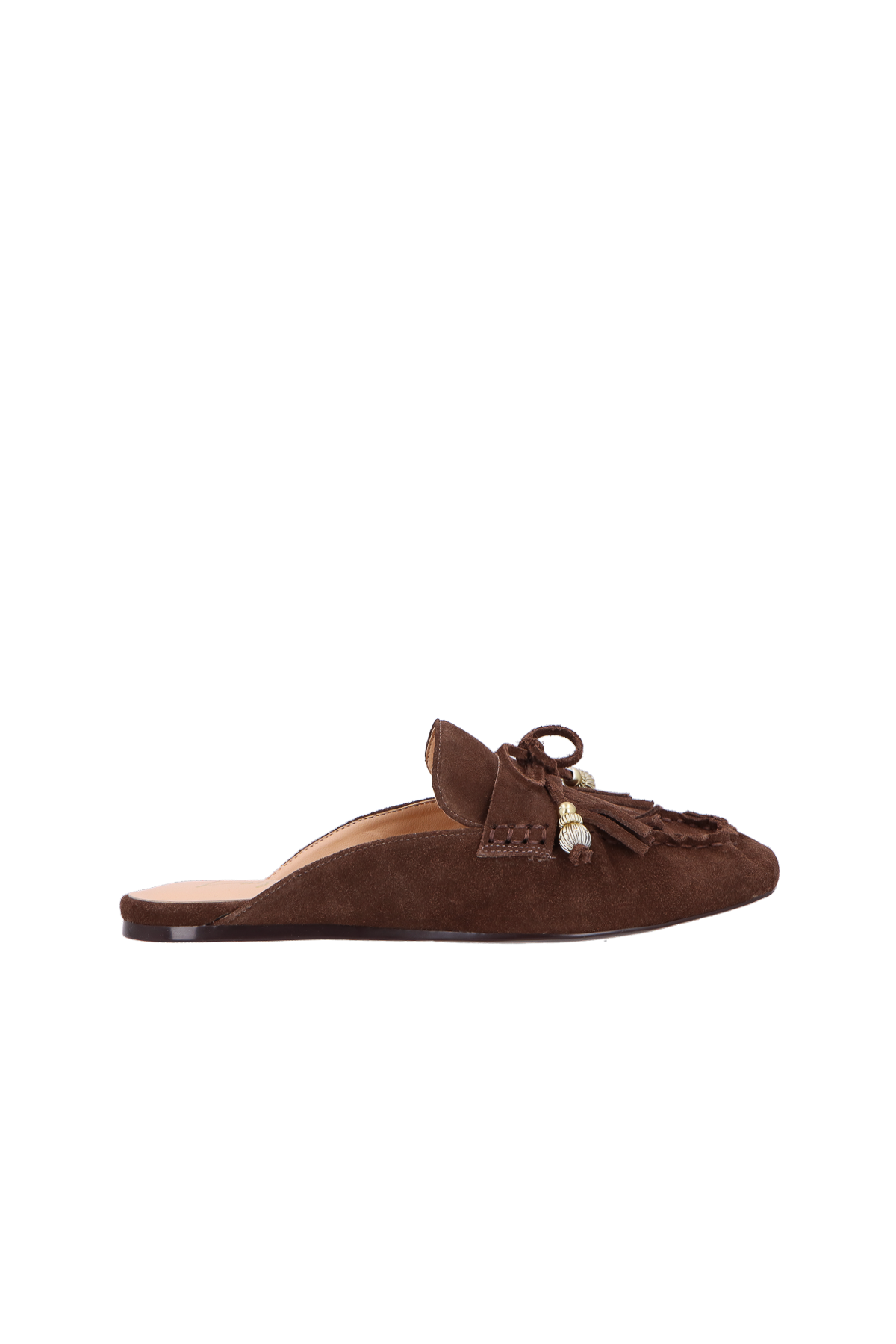 MULE PENNY LOAFER EM CAMURÇA CAFÉ COM PINGENTES