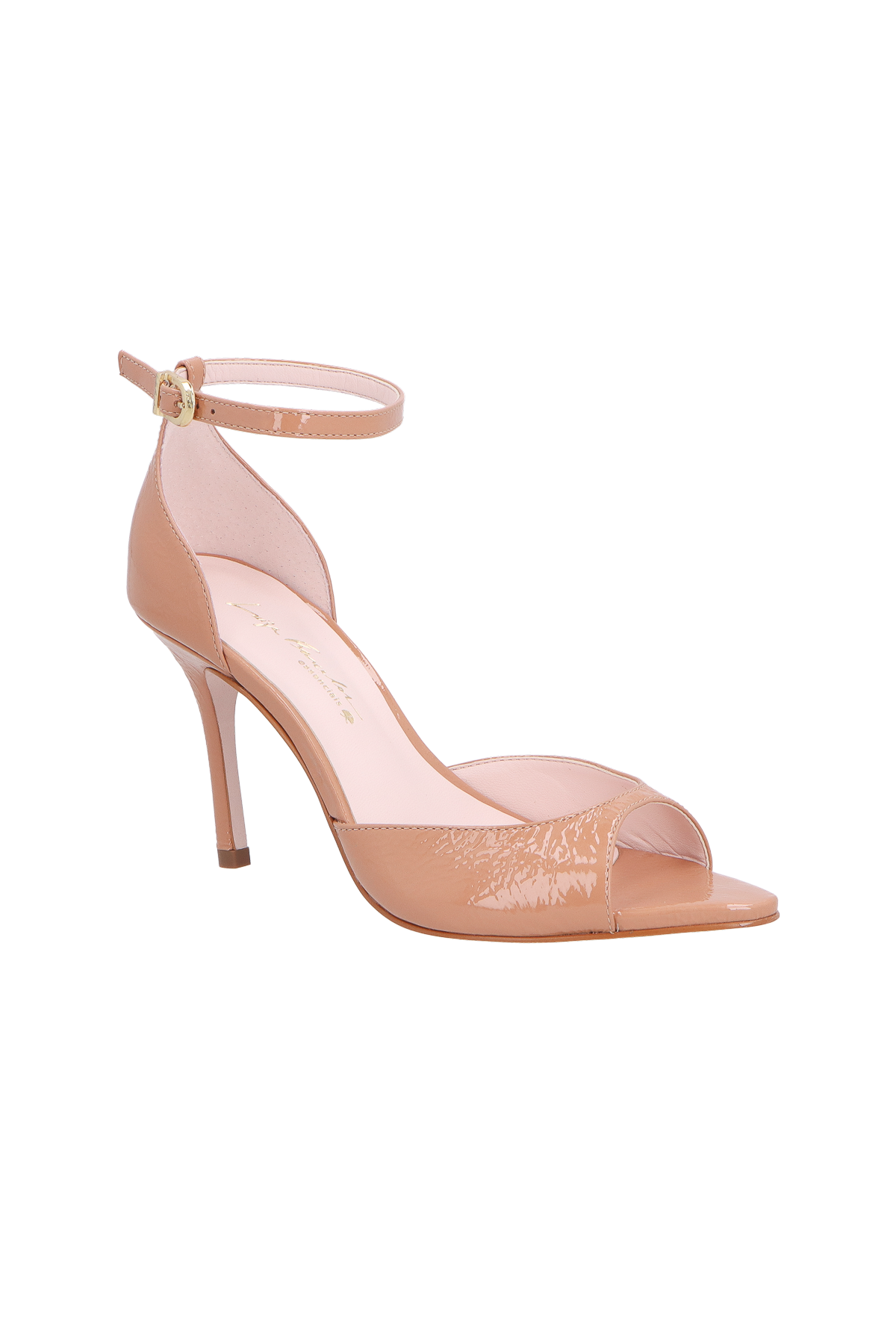 SANDÁLIA DE SALTO COM TIRA FRONTAL EM VERNIZ BEGE BLUSH