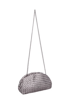 BOLSA TRANSVERSAL PEQUENA METALIZADA TITÂNIO MATELASSÊ E SÍMBOLO CALIANDRA