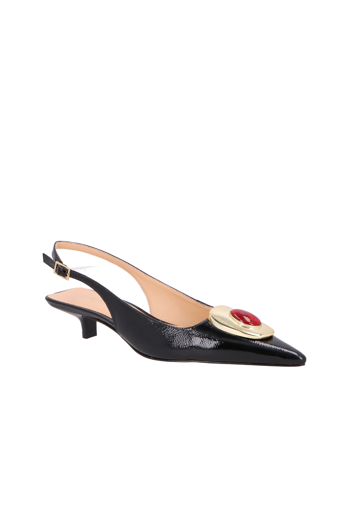 SCARPIN DE SALTO BAIXO SLINGBACK EM VERNIZ  PRETO COM APLICAÇÃO METÁLICA