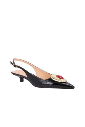 SCARPIN DE SALTO BAIXO SLINGBACK EM VERNIZ  PRETO COM APLICAÇÃO METÁLICA